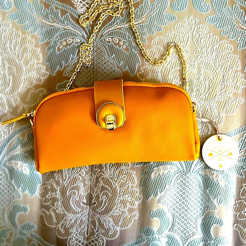 Yellow  Structured Leather Wristlet with Metal Clasp